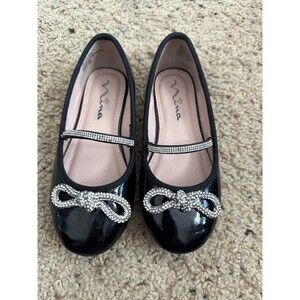 Girls Nina Black Flats w/ Rhinestone Bow & Strap size 11C